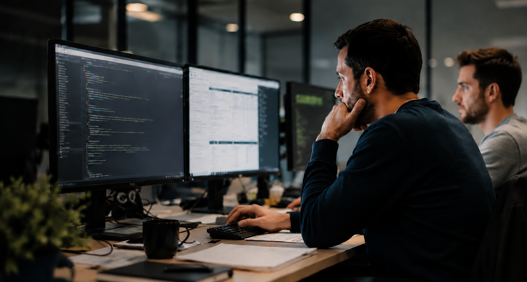 Desarrolladores trabajando con aplicaciones y código en una oficina