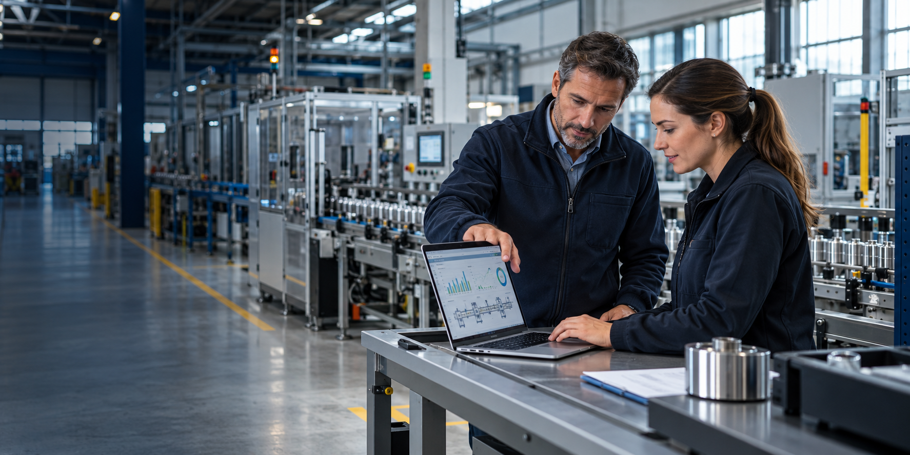 Profesionales revisando una solución de gestión en una planta industrial