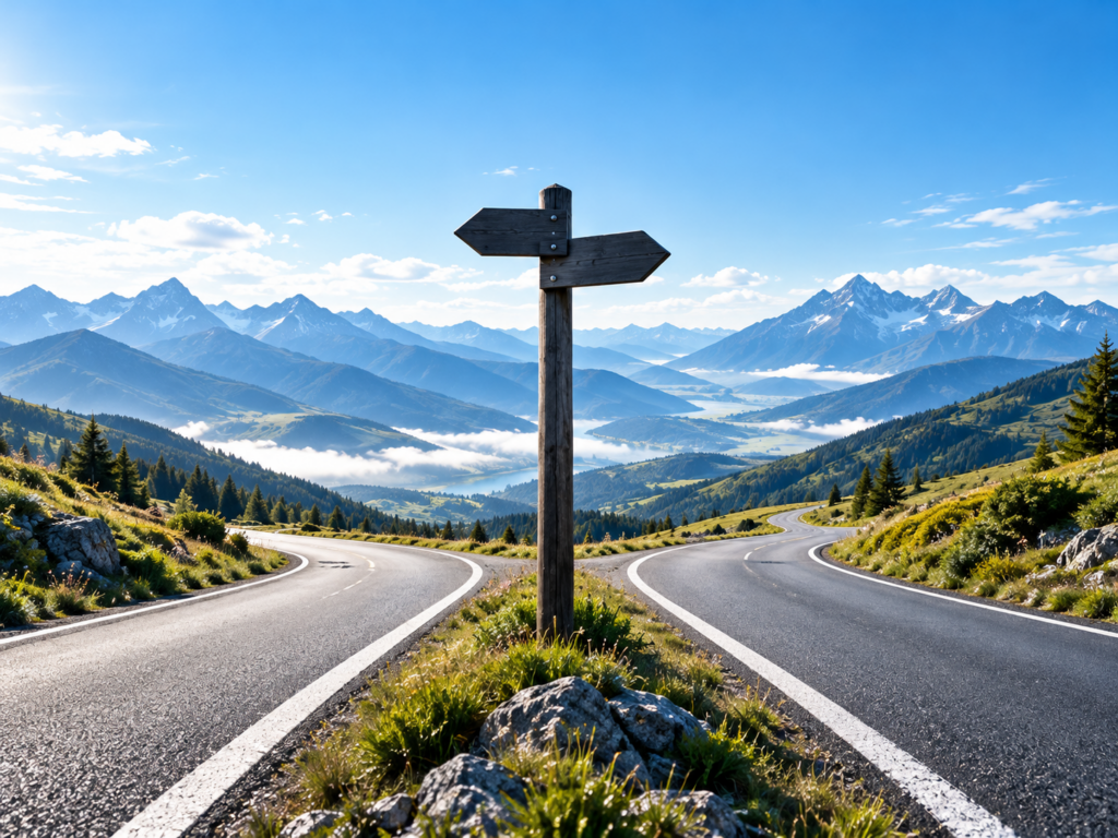 Carretera entre montañas que llega a un cruce de caminos