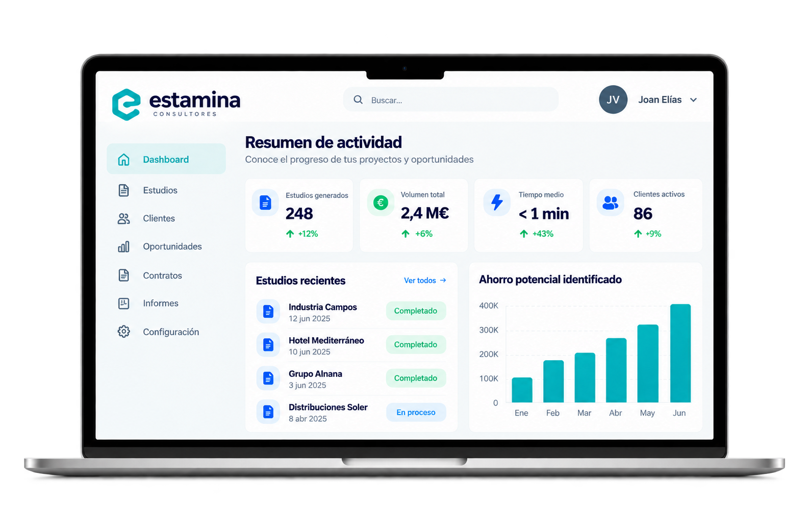 Portátil con un panel de Estamina que muestra estudios, actividad y ahorro potencial