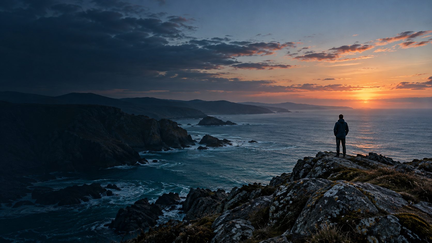 Costa rocosa al atardecer, imagen del artículo sobre cómo entendemos el software a medida